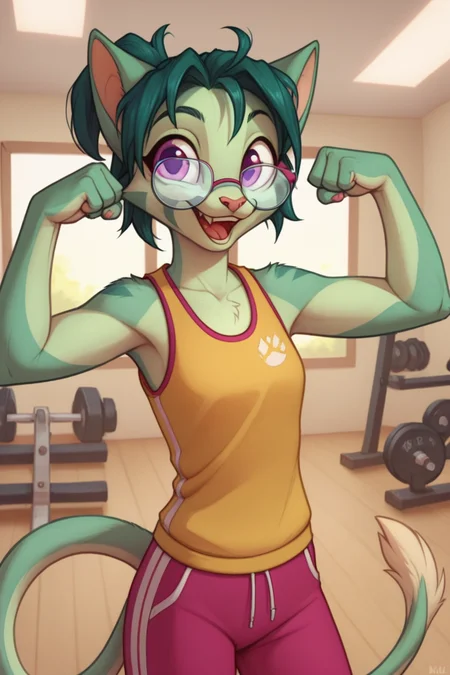 score_9, score_8_up,
solo,
l1l1th_dcp, glasses, tail,
happy, standing,
looking at viewer,
upper body,
in a gym, workout, flexing,
<lora:Lilith_Dreamkeepers_-_Prelude:1>