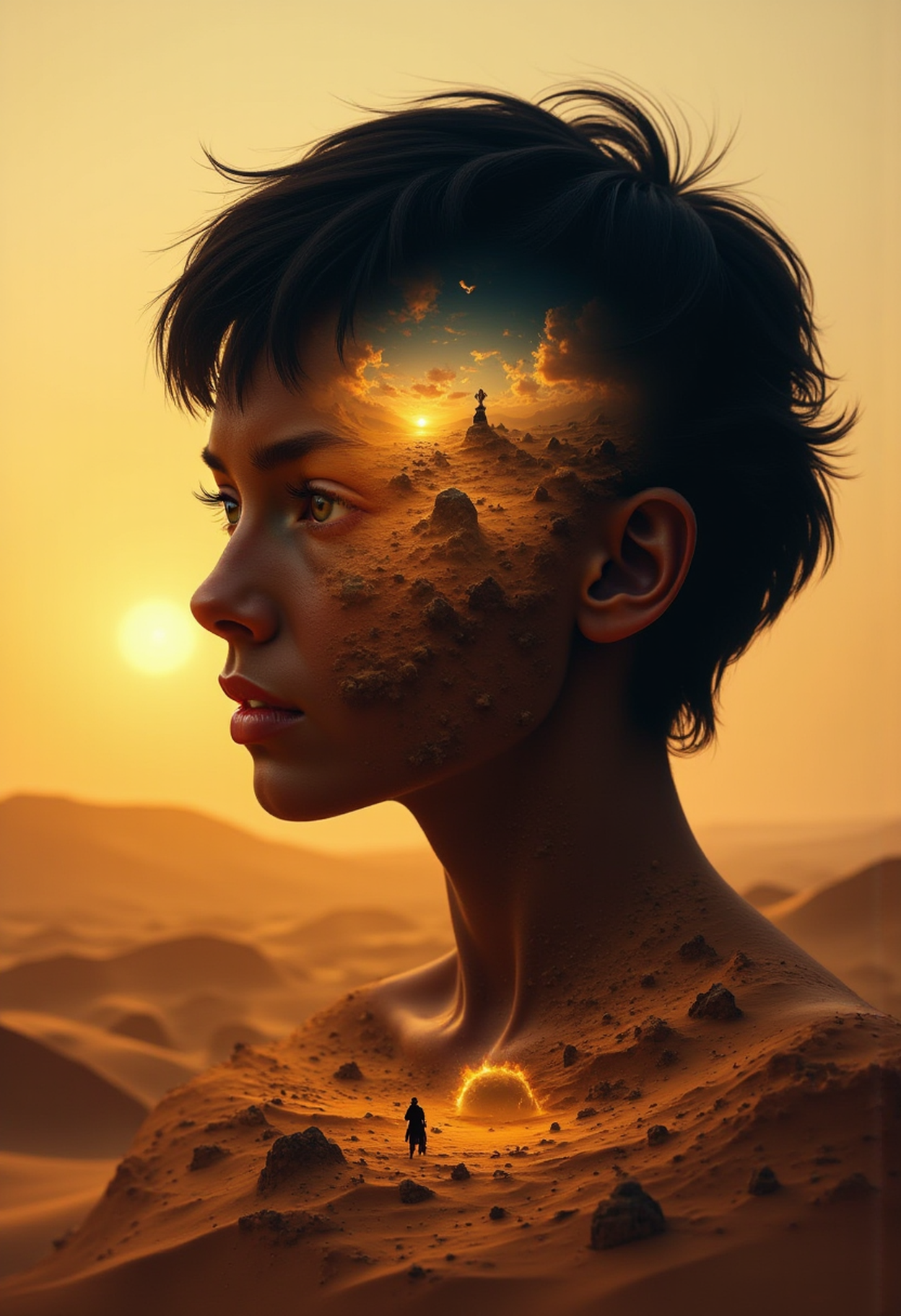 double-exposure portrait of a beautiful short dark haired feminine queen looking away, over the sands of Arrakis, Wallach IX background. whtdrmsCE_style