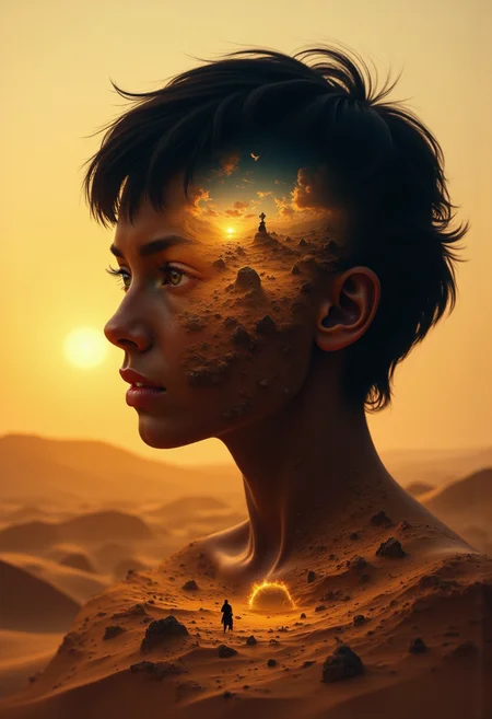 double-exposure portrait of a beautiful short dark haired feminine queen looking away, over the sands of Arrakis, Wallach IX background. whtdrmsCE_style