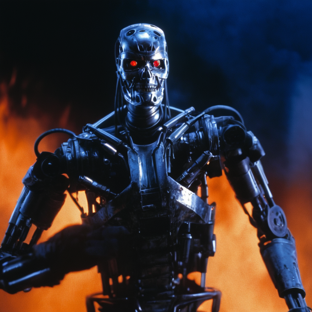 cinematic film still of  <lora:Terminator 2 style:1> at night cool light
In the 1990's T-800 a robot in a black suit with flames on his chest,metal endoskeleton,killing machine,solo,red eyes,1boy,upper body,male focus,armor,glowing,helmet,fire,glowing eyes,science fiction,full armor,embers , cinematic color, contrast, filmic, science fiction themed, action themed, cinematic look, dramatic light, dramatic shadow light, realistic, realism, perfection, perfect, Kodak, Kodak film, movie still, Terminator style, The Terminator 1991 Film style, shallow depth of field, vignette, highly detailed, high budget, bokeh, cinemascope, moody, epic, gorgeous, film grain, grainy