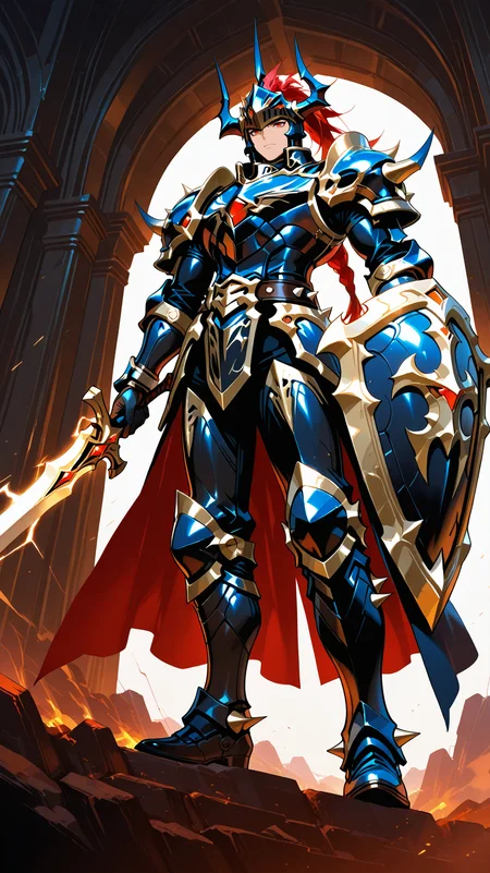 IllusP0s_1097608, (masterpiece), (best quality), (ultra-detailed), amazing quality, very aesthetic, illustration, perfect composition, intricate details, absurdres, incredibly absurdres, BREAK,1 male,
<lora:Black_Luster_Soldier_yugioh:0.8>, long hair, red hair, red eyes, helmet, horned helmet, armor, shoulder armor, holding sword, hold shield, spikes,spikes armored boots, sword,long sword,long single braid, Black Luster Soldier , in a cavern From below, looking straight up at the subject film noir lighting raising a stormbringer sword, thunder rumbling in response lower body