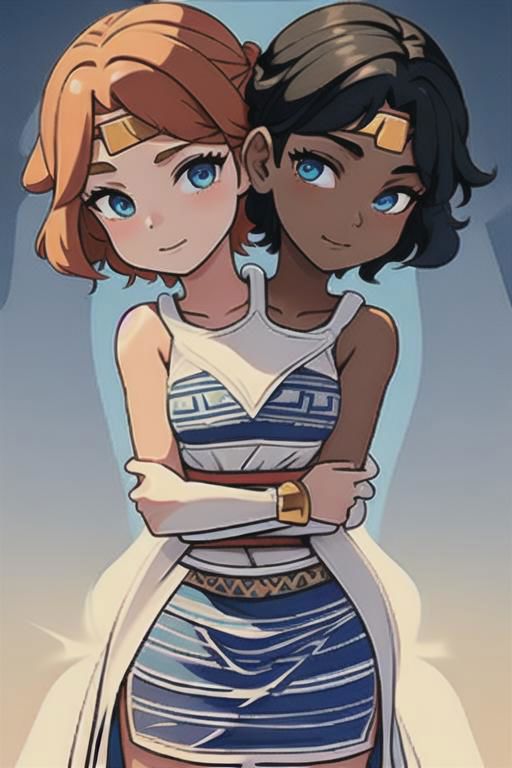masterpiece, best quality, shorthair, black, darkskinnedfemale, <lora:conjoined_dicephalus:1>, (conjoined_twins, hugging, two heads:1.5), 1girl, masterpiece, best quality, peplos, greek clothes, blue eyes, dark skin, bare shoulders, earrings, flat chest, jewelry, solo, smile, bedroom <lora:WonderWoman:1.5> (from behind:1.5), back, looking down,hugging