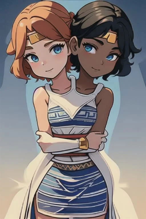 masterpiece, best quality, shorthair, black, darkskinnedfemale, <lora:conjoined_dicephalus:1>, (conjoined_twins, hugging, two heads:1.5), 1girl, masterpiece, best quality, peplos, greek clothes, blue eyes, dark skin, bare shoulders, earrings, flat chest, jewelry, solo, smile, bedroom <lora:WonderWoman:1.5> (from behind:1.5), back, looking down,hugging