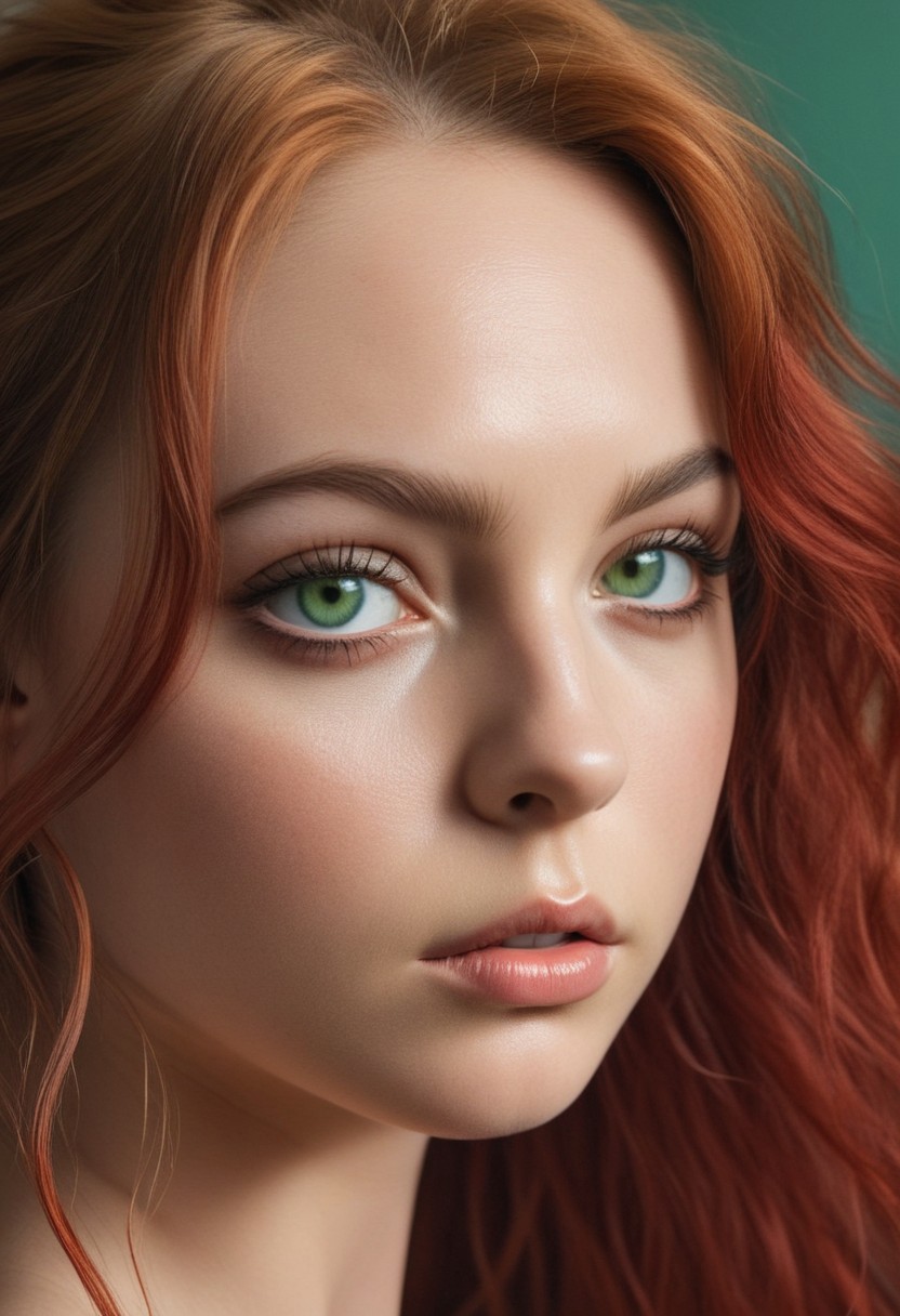 (flawless), score_9, score_8_up, 1woman,dynamic pose, hyper-realistic ((half-face close-up)) of a beautiful woman's eye, focus on eye,((overall round face structure)), ((intense, ultra-realistic beautiful pale green eye)), ((hair strands falling over one eye)), sharp delicate features of her face are framed by long, wavy red hair, slightly tousled, real skin, dramatic side lighting, intricate shadows across her face, moody, piercing gaze, hauntingly beautiful, cinematic moment, (masterpiece:1.2),(Amazing quality), 8K, (high detail:1.4), (highres:1.4), (ultra detailed:1.4), embedding:detailxl, (phenomenal aesthetic),