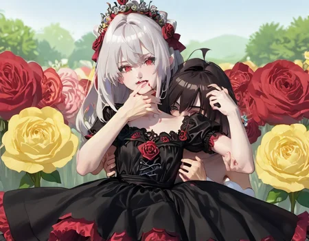 score_9_up, score_9, score_8_up, score_7_up, rating_explicit, anime, highly detailed, extremely detailed, best quality, masterpiece, 1boy, 1girl, couple, boy's arm around girl's waist, hand on waist, girl grabbing boy's arm, boy in shirt, short sleeves, flower pin, red rose pin, girl in dress, short dress, summer dress, flower crown, flower meadow, colorful flowers, soft colors, low saturation, red flowers, yellow flowers, blue flowers, purple flowers, ((pastel colors)), pastel_style, ((flowers)), [[long shot]], medium long shot, wallpaper, rating_safe, CuteMaster_PS, Terakomari Gandesblood, Long silver hair, Red eyes, Pale skin, Elegant gothic ta style, Red ribbons in hair, Vampire fangs, Delicate facial features, Small stature, Elaborate dresses, Jeweled hair ornaments, terakomari
