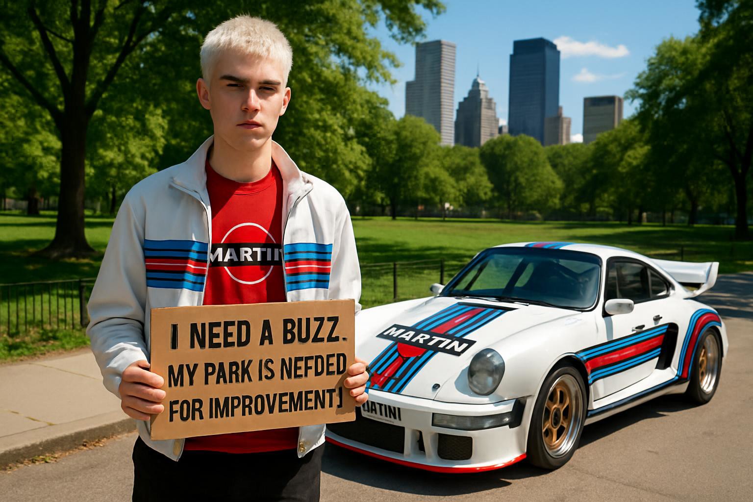 Teenage man with white short hair, wearing white jacket, red cyan and blue stripes, red shirt with Martini logo, black pants, holding sign saying "I need a buzz. My park is needed for improvement.", A Porsche 935 Martini parked beside him, in the city park at noon, photorealism artstyle