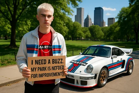 Teenage man with white short hair, wearing white jacket, red cyan and blue stripes, red shirt with Martini logo, black pants, holding sign saying "I need a buzz. My park is needed for improvement.", A Porsche 935 Martini parked beside him, in the city park at noon, photorealism artstyle