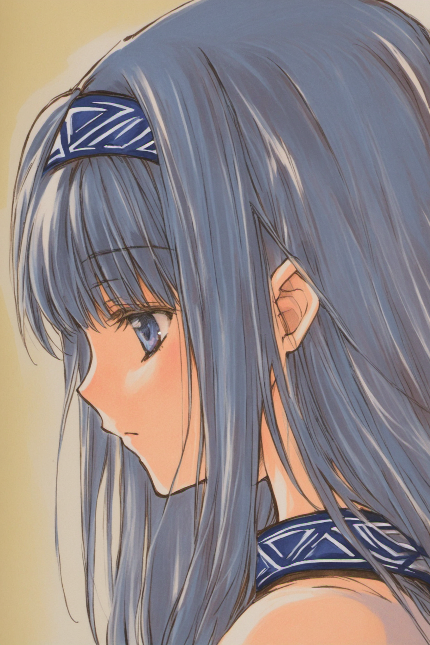 Reverie Metherlence,1girl,solo,flower,hairband,long hair,traditional media,profile,blue hair,portrait,<lora:Azuma Mayumi_XL:0.8>,