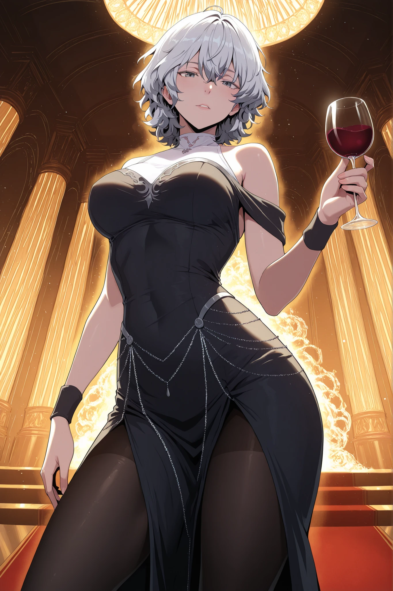 masterpiece, best quality, ultra-detailed, absurdres, newest,  elegant party lighting, mature female,
1girl, solo, varayaurae, white hair, short hair, messy hair, bangs, grey eyes, black slit dress, bare shoulders, chains, black pantyhose, larhe breasts, contrapposto, perspective, cold face,
cowboy shot, looking at viewer, ,in marble ballroom,  red carpet, wine glass in hand, soft golden lights from all directions, aristocratic aura, graceful and powerful presence, cinematic depth, painterly aesthetic
