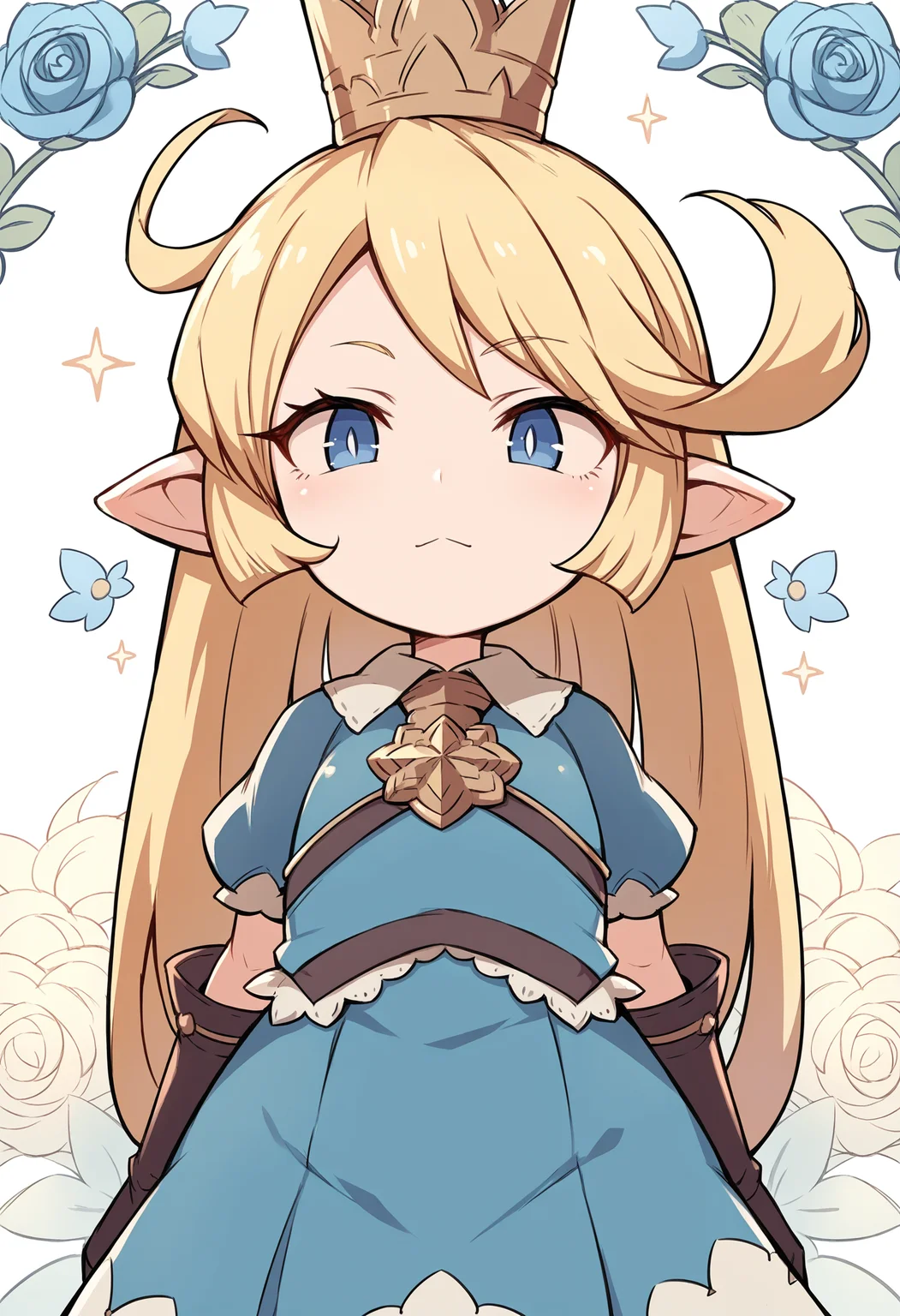 score_9, score_8_up, score_7_up,source_anime,anatomically correct,best perspective BREAK
<lora:Hakika:1> hakika style, floral background,
1girl, <lora:Character_Charlotta_Granblue_Fantasy:0.6> charlotta, granblue fantasy, blonde hair, blue eyes, dwarf, crown, pointy ears
