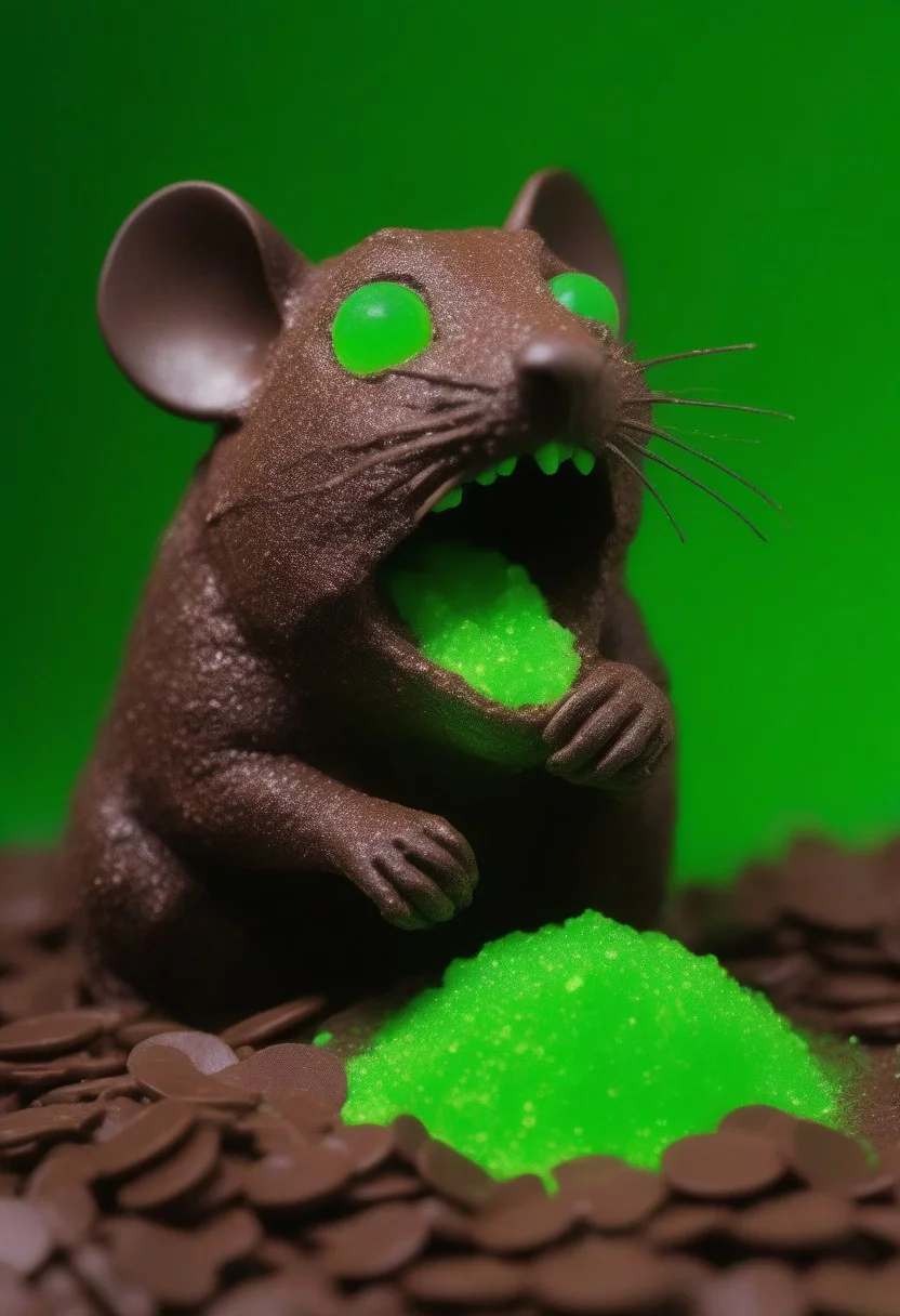 rats made of chocolate with googly eyes, eating excessive chocolate goo, sharp chocolate teeth, rage extraterrestrial inside it, in space. surrounded by chocolate chips, Close up, blurry background. green fluorescent dust
zavy-flrscnc, fluorescent, fluorescent spraypaint,
skaven