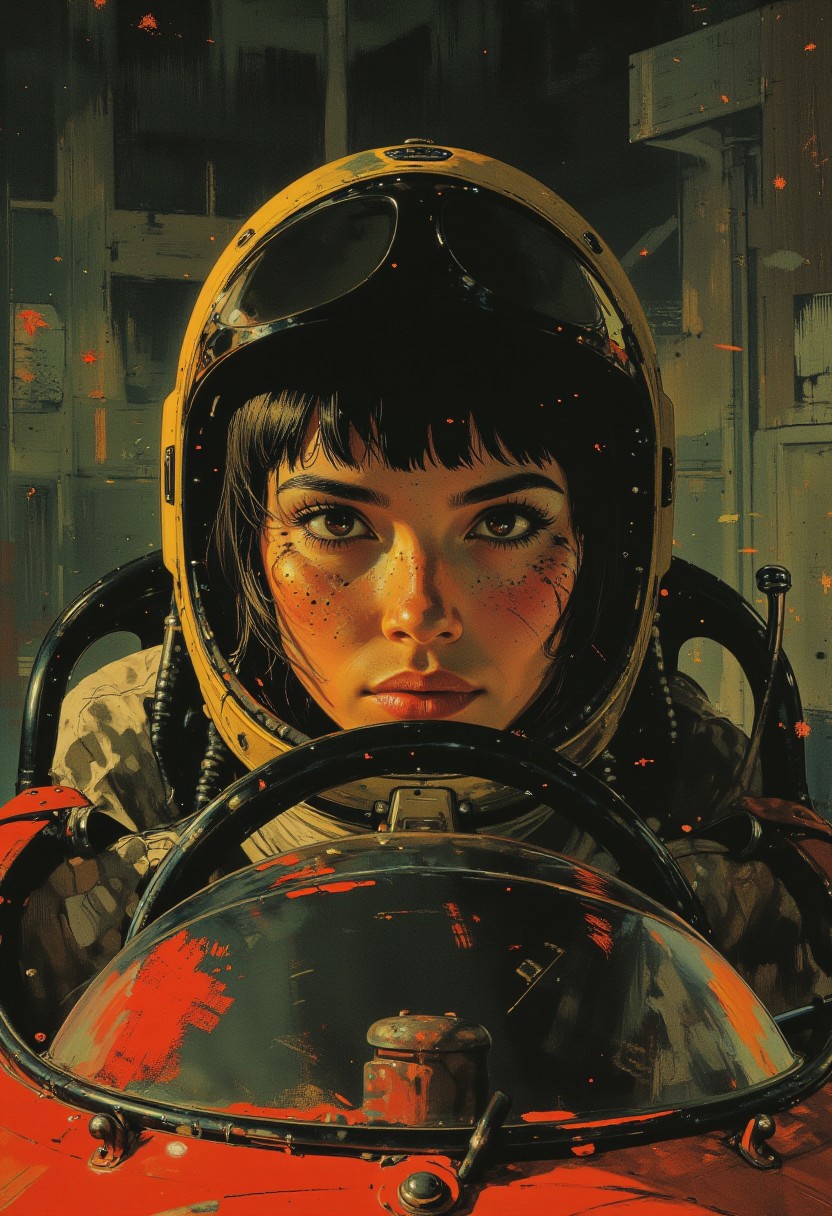 This image is a highly aesthetic digital artwork closeup of a woman behind he steering wheel of a racing car.