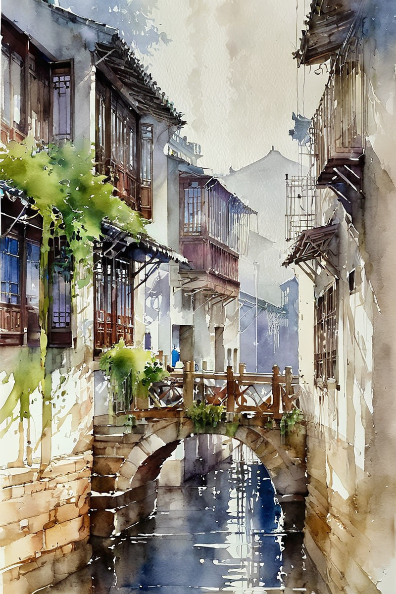 thomas schaller watercolor style works,overlooking the buildings on both sides of the river in the ancient city of suzhou,wooden doors and windows,brick wall,vine plant,stone bridge,fishing boat,the stone steps by the river,wharf,objects,lotus,small trees,by Michael William Kaluta and Rodney Matthews. Dynamic illustration composition. Watercolor with ink embellishment,rich details,excellent quality,deep colors,perfect composition. Intricate details. Minimalist background with beautiful lines. Ink embellishment,delicate watercolor wet wash,bright color reflections,soft colors,wet and dry watercolor,pen and light color style,<lora:Suzhou alley architecture:0.7>,suzhou,<lora:é¢ç¬ç»é£æ ¼_sdxl:0.9>,Pen and light color style,morning,fog,<lora:Watercolor _sdxl:1.2>, Watercolor style,