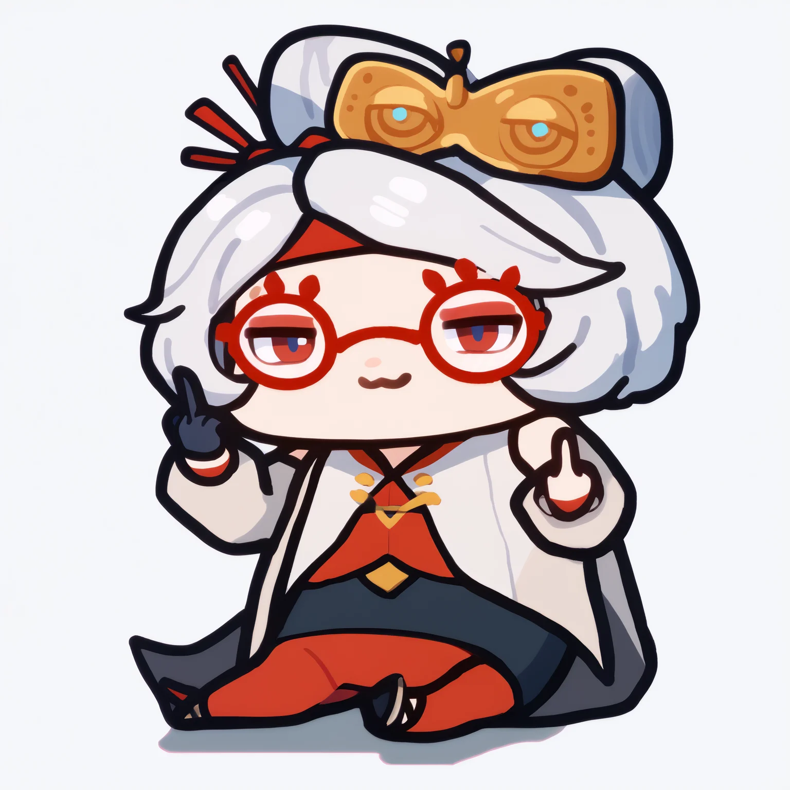 score_9, score_7_up, <break> chibi, simple background, white background, full body, solo, 1girl, purah, smug, middle finger, hair ornament, red headband, red glasses, sleeveless shirt, white coat, black skirt, red leggings, gloves, high heels