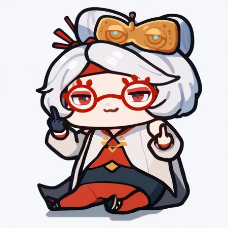 score_9, score_7_up, <break> chibi, simple background, white background, full body, solo, 1girl, purah, smug, middle finger, hair ornament, red headband, red glasses, sleeveless shirt, white coat, black skirt, red leggings, gloves, high heels