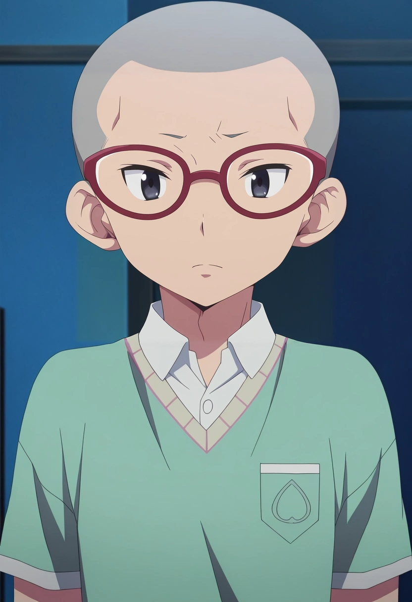 masterpiece, best quality, intricate details, anime screencap, anime coloring, ,, 1boy, solo, male focus, <lora:konekomaru_miwa_ilxl:0.96>, konekomaru_miwa, grey hair, black eyes, bald, glasses, red-framed eyewear, ,