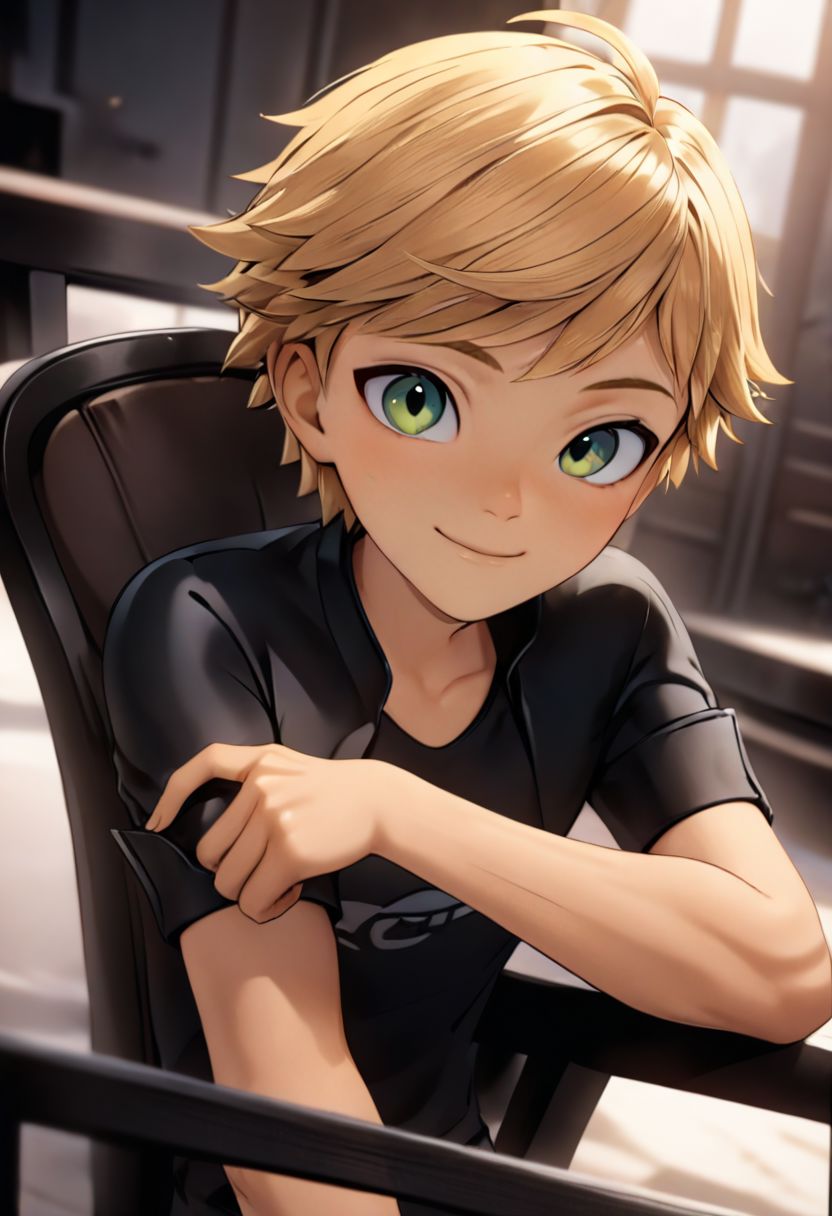 1boy, male focus, Adrien_Agreste, solo, sitting, on chair, holding book, holding, smiling, looking at viewer, indoors, upper body, cinematic angle, (masterpiece), (best quality), (ultra-detailed), very aesthetic, illustration, disheveled hair, perfect composition, moist skin, intricate details,