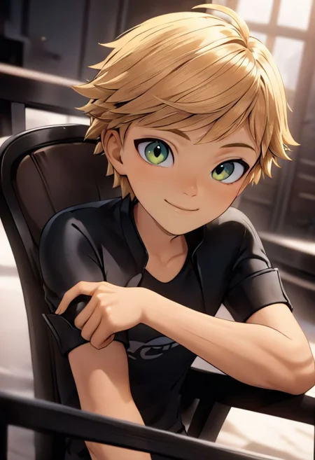 1boy, male focus, Adrien_Agreste, solo, sitting, on chair, holding book, holding, smiling, looking at viewer, indoors, upper body, cinematic angle, (masterpiece), (best quality), (ultra-detailed), very aesthetic, illustration, disheveled hair, perfect composition, moist skin, intricate details,