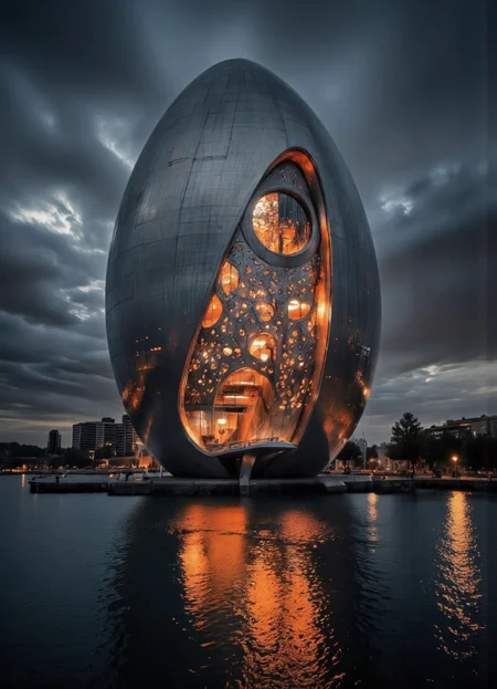 Futura. A futuristic, egg-shaped building with a unique architectural design, lit up at night with a reflective surface. the building is situated in the middle of a body of water, with a dark, cloudy sky in the background. The exterior of the building features a large, circular window with intricate cut-out patterns, and the interior is illuminated with warm, orange lights, creating a serene and reflective atmosphere. the lighting creates a sense of depth and dimension, making the building stand out even more. the overall aesthetic of the image is one of sophistication and luxury, making it a captivating sight to behold. <lora:Futura:0.95> <lora:Synesthesia:0.35> <lora:Fluxartis_Photography:0.55> <lora:Another_Earth:0.55>