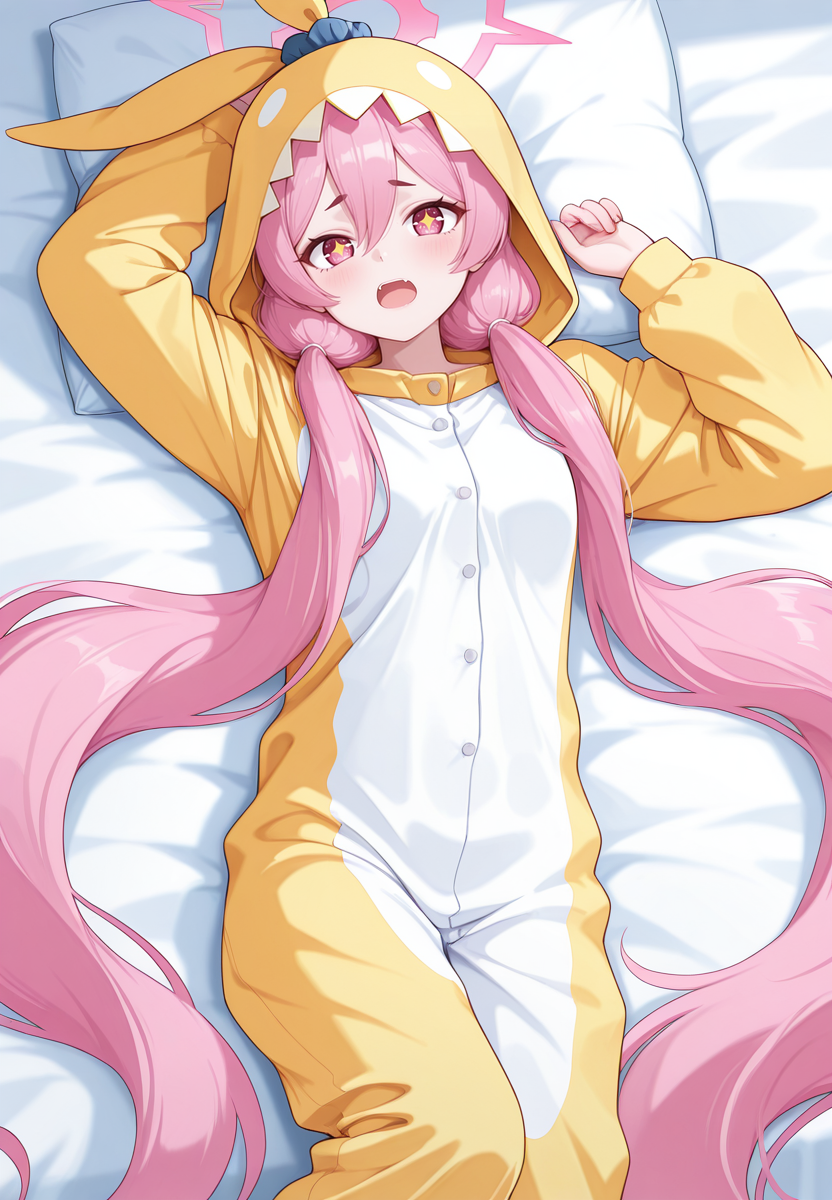 zPDXL3, score_9_up, score_8_up, score_7_up, ,Masterpiece,(perfect female body:1.2), small waist, (incredibly detailed:1.4), beautiful fingers, looking at viewer,  <lora:Kurosaki_Koyuki_-_Blue_Archive_Kaleid_Illustrious:1> kurosakikoyuki_\(arknights\), 1girl, pink hair, very long hair, twintails, pink eyes, sparkling eyes, halo, pajamas, long sleeves, hood, animal costume, lying, open mouth,