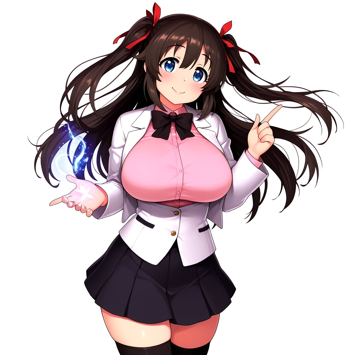 <lora:çä¹³ãã¾ãGyuunyuu_Umao_doujinshi:1.1>,1girl, huge breasts, wide hips, original, 2017, black bow, black bowtie, black hair, black skirt, black thighhighs, blue eyes, bow, bowtie, floating hair, hair between eyes, hair ribbon, index finger raised, jacket, long hair, looking at viewer, magic, miniskirt, page number, pink shirt, pleated skirt, red ribbon, ribbon, shirt, skirt, smile, solo, standing, thighhighs, two side up, white jacket, zettai ryouiki, 
very awa, masterpiece, best quality, highres, absurdes,amazing quality,very aesthetic,intricate details, <lora:hand 5.5:1>
