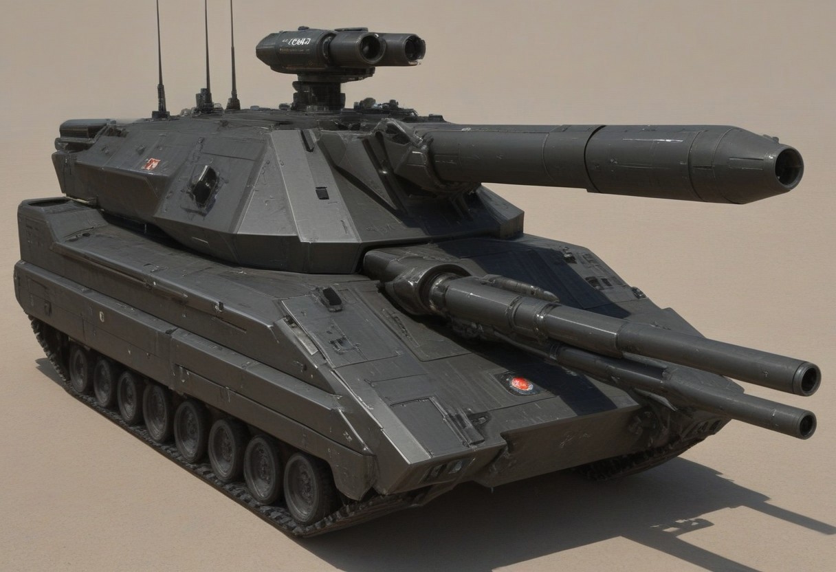 Syd Mead-esque Futuristic main battle tank, sleek and angular design, multiple viewing angles:
Front view: Heavy armor plating, massive laser cannon, secondary machine guns, advanced sensor array, commander's hatch with periscope and remote weapon station
Side view: Tracked propulsion system, hydraulic arms for stabilizing the tank, smoke grenade launchers, communications antenna, access hatches for the crew
Rear view: Engine exhaust ports, storage compartments for ammunition and supplies, emergency escape hatch, spare track sections, tow cable attachment point
Top view: Turret with main gun, commander's cupola, loader's hatch, gunner's sight, radar and laser rangefinder, drone deployment system
Interior view: Advanced control panels, holographic displays, crew stations for the commander, gunner, and driver, life support systems, ballistic shielding, emergency power supply
