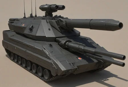 Syd Mead-esque Futuristic main battle tank, sleek and angular design, multiple viewing angles:
Front view: Heavy armor plating, massive laser cannon, secondary machine guns, advanced sensor array, commander's hatch with periscope and remote weapon station
Side view: Tracked propulsion system, hydraulic arms for stabilizing the tank, smoke grenade launchers, communications antenna, access hatches for the crew
Rear view: Engine exhaust ports, storage compartments for ammunition and supplies, emergency escape hatch, spare track sections, tow cable attachment point
Top view: Turret with main gun, commander's cupola, loader's hatch, gunner's sight, radar and laser rangefinder, drone deployment system
Interior view: Advanced control panels, holographic displays, crew stations for the commander, gunner, and driver, life support systems, ballistic shielding, emergency power supply