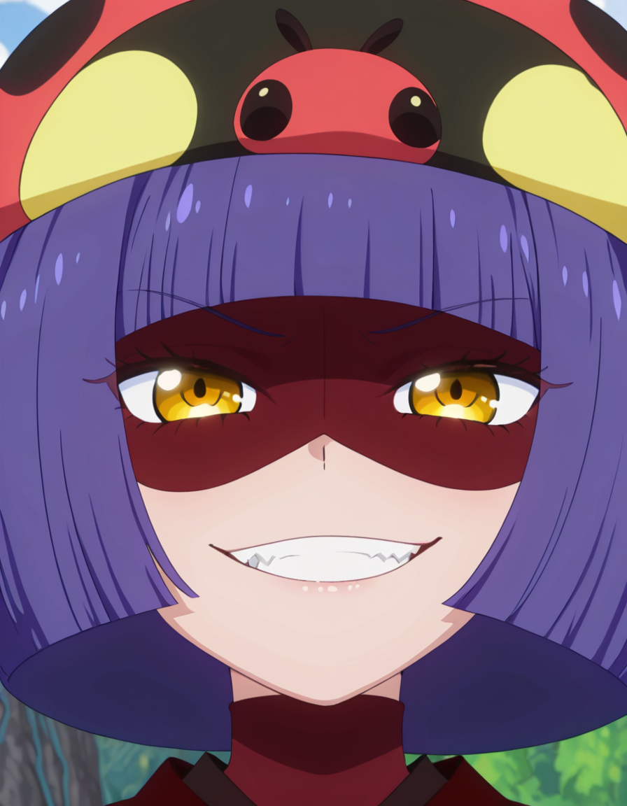 <lora:Nanahoshi_Tenten_IL_v1:1>1girl, solo,tenten_n, blunt bangs, bob cut, purple hair, yellow eyes, ladybug hat, maroon domino mask, dark red kimono, maroon turtleneck shirt, evil smile, clenched_teeth, face focus, anime screencap, masterpiece, best quality, amazing quality, very aesthetic, absurdres, newest,