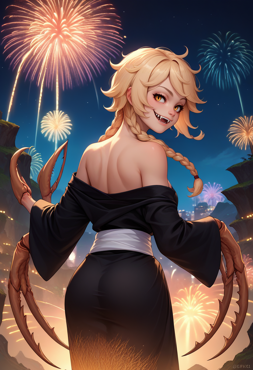 score_9, score_8_up, score_7_up, source_anime, from behind, solo, 1girl, cliffsidecordie, arthropod girl, spider girl, extra arms, fangs, smile, looking back, twin braids, black kimono, off shoulder, white sash, bare shoulders, fireworks <lora:cliffside_cordie_ponyXL:1>