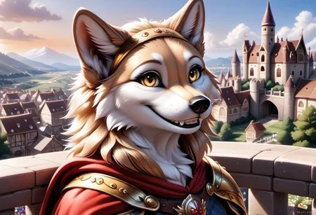 realistic, highres, super high resolution, 8k, photo, anthro, furry, furry, anthro, fur, tail, detailed fur, detailed, anthro, F.M PDXL, whtfx, soft body fur, rostran style, anthro female wolf, tufted fur, tufted ears, cheast tuft, fluffy canine tail, detailed fur, smile, long golden hair, canine teeth, medieval castle, jewely, golden fur, amber eyes, balcony, overview, medieval city, golden hairband, gold knight armor, sunset, summer, solo, red cape, fields,