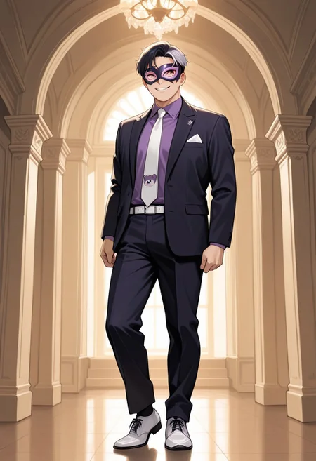 masterpiece, best quality, absurdres, newest, perfect quality, best quality, absolutely eye-catching, detailed background, intricate details, male, 1boy, mature man, aged man, solo, male focus, mbti_entp, black hair, gray side hair, multicolored hair, pink eyes, suit, black blazer with ametyst crystal ornament, purple shirt, white neck tie with purple bear print, white leather shoes, indoor, ballroom, warm natural lighting, lively and bustling atmosphere, background details visible, cheeky expression, smile, mouth open, mask, purple masquerade mask with purple crystal ornament, pink feather ornament on side hair