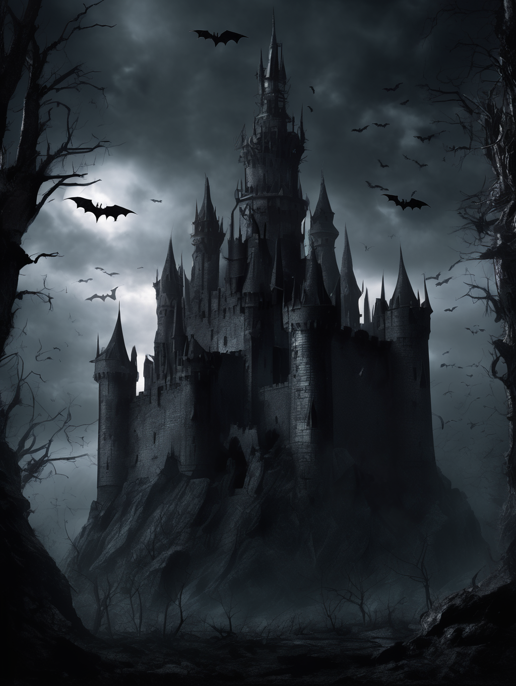 <lora:Dark Fantasy:1>Dark Fantasy - a dark fantasy castle with high towers and pinnacles. The walls are ruined and cracked. At the center ther is a massive gothic tower. The castle is surrounded by a grim forest, and swarms of bats. The sky is dark and the night is dark. Fantasy. Dark. Black.