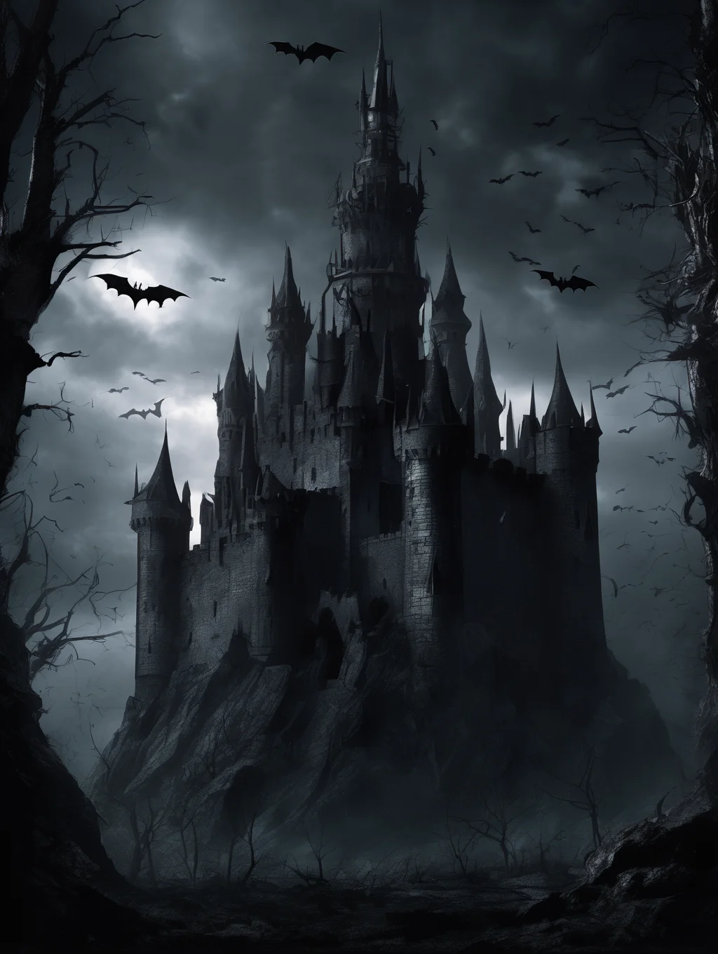 <lora:Dark Fantasy:1>Dark Fantasy - a dark fantasy castle with high towers and pinnacles. The walls are ruined and cracked. At the center ther is a massive gothic tower. The castle is surrounded by a grim forest, and swarms of bats. The sky is dark and the night is dark. Fantasy. Dark. Black.