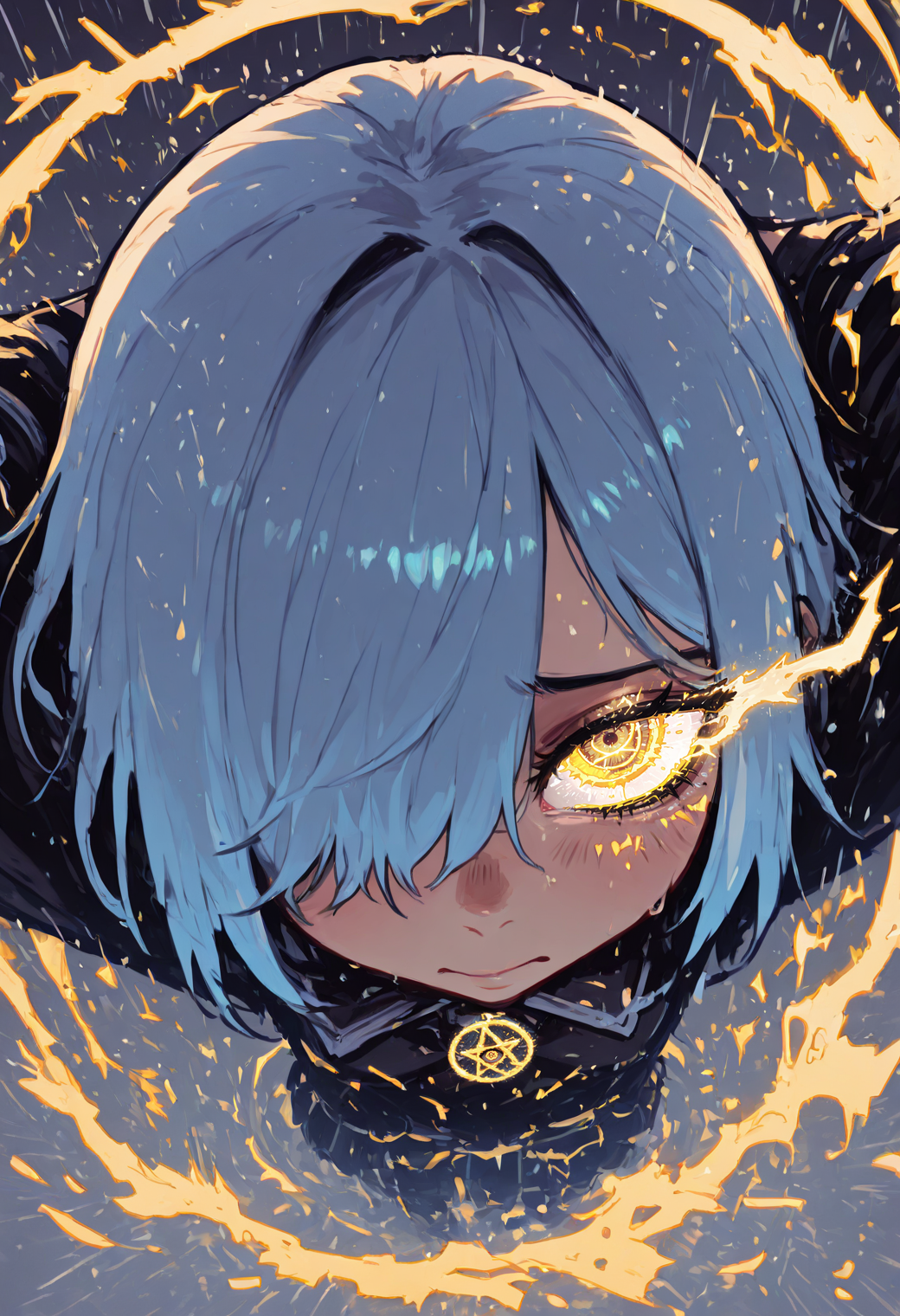 score_9, score_8_up, score_7_up, masterpiece, best quality, very aesthetic, detailed face, (dynamic:1.2), stylized, illustration, dynamic pose, (nsfw:1.2), girl, small nose, highres, absurdres,<lora:ck-shadow-circuit-IL:0.4> in the style of cksc, <lora:mon_monmon2133:0.2> <lora:Rapscallion_Illustrious:0.25> Rapscallionstyle, <lora:incoth:0.25> incoth, (incase:0.6), <lora:r17329_illu:0.35> r17329_illu, looking at viewer,  <lora:flatline_v2_-_Illus_x_Niji:0.35> Flatline, Flat vector illustration girl, anime girl, thunder, lightning, rain, shy, sad, looking at viewer, shivering, cold, <lora:perspective:1> perspective, striking eye, yellow eye, yellow sparks, electric, glowing eye, (close up:1.3), extremely detailed, detailed eyes, striking face, very zoomed in, zoom, only face, huge eyes, hair over eye, blue hair, close up, yellow magic, face, hands behind head,  <lora:WeaponSpellBindIL:0.6> spell bind, pentagram eyeâââ
