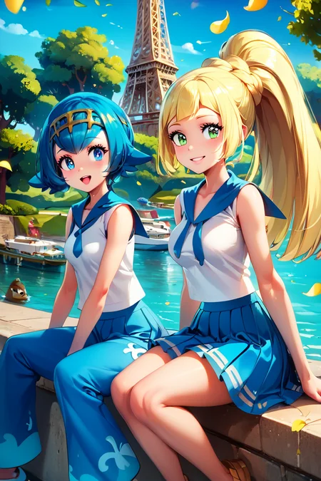 score_9, score_8_up, score_8, medium breasts, (curvy), cute, eyelashes, ,,, , LllLn, 2girls, zzLana, yellow hairpiece, blue hair, white shirt, sleeveless shirt, sailor collar, blue pants, baggy pants, zzlillie, long hair, ponytail, French braid, white shirt, short sleeves, white skirt, pleated skirt, ,<lora:LillieLanaPDXL:0.8>, ,,,, BREAK, zzEiffelTower in background, sitting, watercraft, boat, sitting on wall, side view, looking at viewer, smile, ,,, BREAK, blooming stars, luminescent petals, otherworldly fragrance blurry background, ,,, embedding:zPDXL, Expressiveh, ,,, <lora:EiffelTowerPDXL:1.0>, <lora:CatalystStylePDXL:0.6>, <lora:SDXLFaeTastic2400:0.5>, <lora:Expressive_H-000001:0.4>,