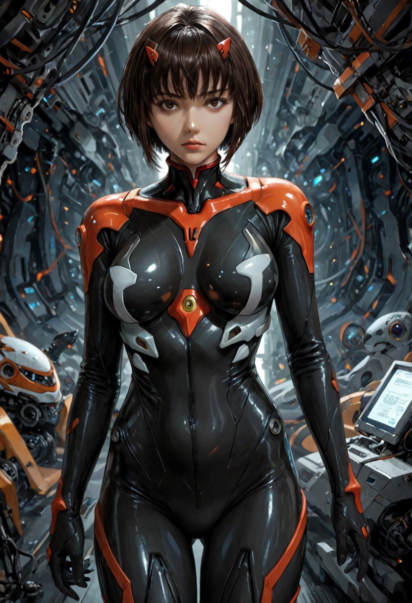 Score_9, score_8_up, score_7_up, score_6_up BREAK MMD0ll, 1girl, short hair, bangs, black hair, brown eyes, breasts, curvy, bodysuit, plugsuit, looking at viewer, mech pilot, mechanical background, futuristic, sci-fi, shiny, glossy, highly detailed, beautiful art, beautiful background, beautiful lighting