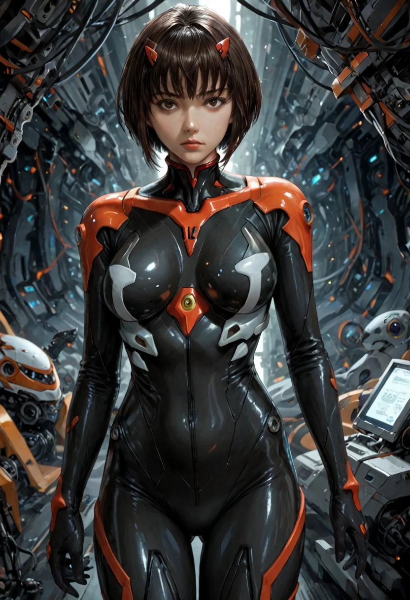 Score_9, score_8_up, score_7_up, score_6_up BREAK MMD0ll, 1girl, short hair, bangs, black hair, brown eyes, breasts, curvy, bodysuit, plugsuit, looking at viewer, mech pilot, mechanical background, futuristic, sci-fi, shiny, glossy, highly detailed, beautiful art, beautiful background, beautiful lighting