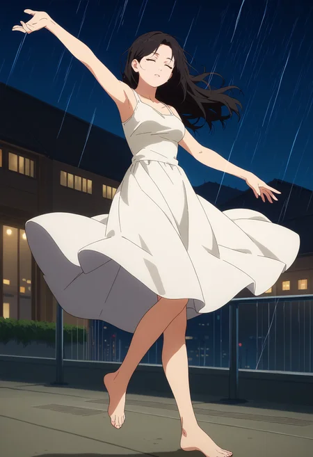 score_9, score_8_up, score_7_up, anime screencap, source_anime, 1girl, solo,
<lora:Acrobatic_Silky_Dandadan_V1:.85>, KJOsilky, black hair, brown eyes, mole under eye, long hair, parted bangs, messy hair,
white sundress, torn clothes, barefoot,
dancing, tiptoes, ballerina, closed eyes, expressionless, parted lips, dutch angle, one leg up, one arm up,
rain, outdoors, night, city, rooftop,
(Beautiful, medium Breasts:1.2), mature female,