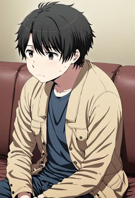 high resolution, solo, best quality, 1Boy, Inaho Kaizuka, Black Hair, deep talk, depression, sit, couch, OverallDetail