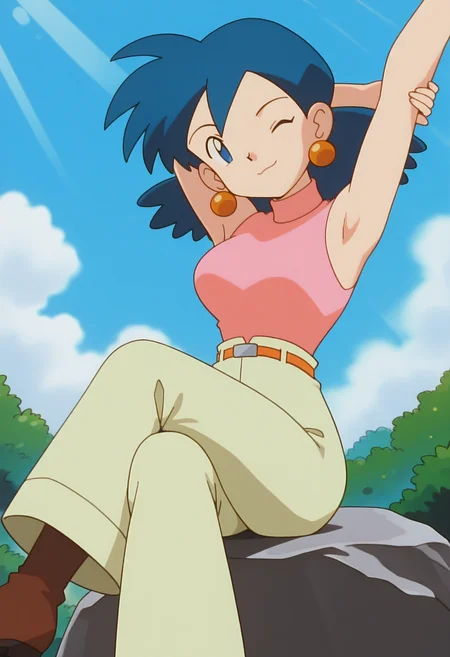 masterpiece,best quality,good quality, <lora:PMRep089:1>, PMRep089, 1girl, solo, earrings, blue hair, flipped hair, blue eyes, breasts,
pink sleeveless turtleneck, orange belt, beige high-waist pants, wide-leg pants,
brown shoes,
looking at viewer, sitting on rock, crossed legs, seductive smile, from below, shadow, backlighting, stretching, one eye closed, head tilt, armpits, 
BREAK nature, day, light rays, blue sky, cloud, bokeh,