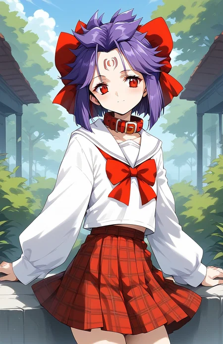 score_9, score_8_up, score_7_up, source_anime, rating_explicit, BREAK <lora:kakurine_Ver2.1_XL:1> kakurine, forehead mark, red eyes, purple hair, short hair, sidelocks, hair bow, red bow, collar,
school uniform, checked skirt,
outdoor, day,