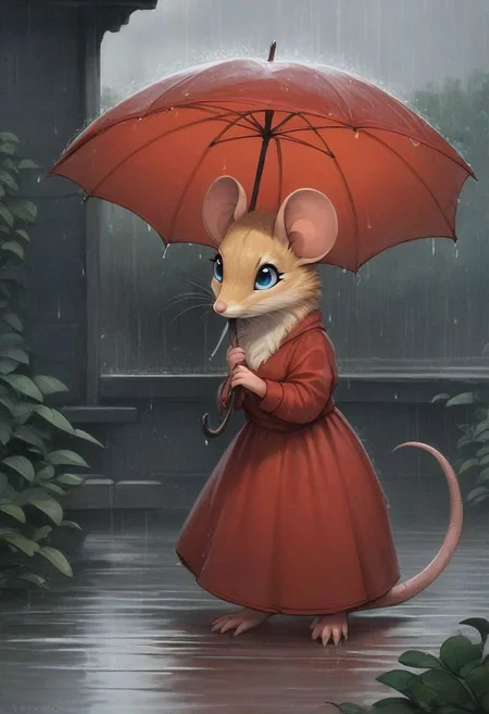 score_9, score_8_up, score_8, solo, (fluffy:0.5), (feral:1.3), toes, furry, (((mouse))), female, blue eyes, yellow fur, chest, claws, (red dress), in the style of beatrix potter, standing under shelter, outdoors, ((rain)), (solo:2), side view, umbrella