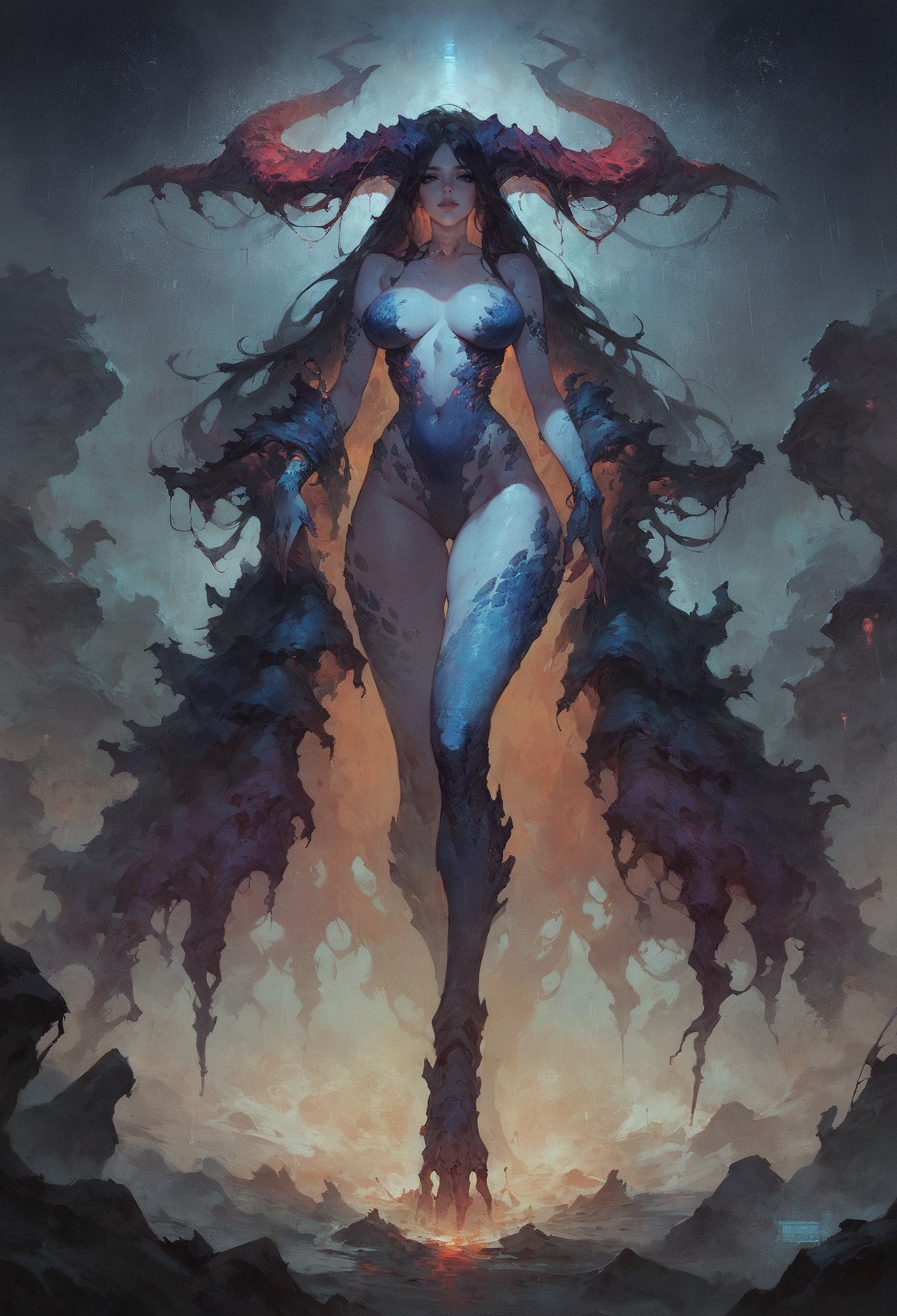 score_9, score_8_up, score_7_up,  enormous spherical (spaceship:1.2), monster girl, scales, curvy horns, posing, descending, rainy atmosphere, otherworldly, panoramic, dark rainbow theme, blue and red lights, long hair, black hair, augmented, cybernetic, plasma, epic, ethereal, stars, atmospheric, monster girl  <lora:sdxl/pony_twilight_style:0.8>