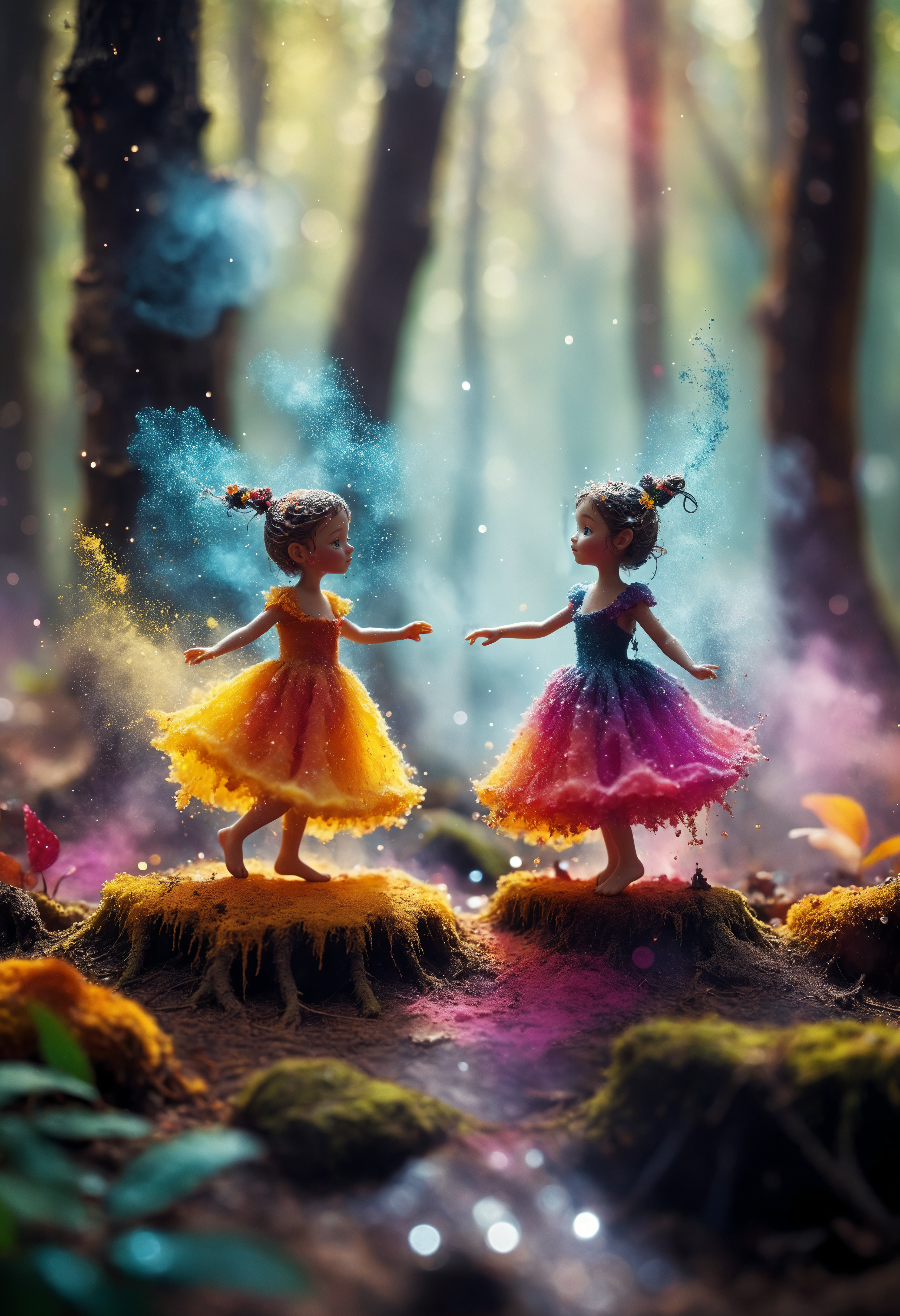 Little people made out of sap dancing in a dense magical forest, magic, dust particles, enchanted, vibrant, colorful<lora:add-detail-xl:0.5> <lora:MJ52:0.5>