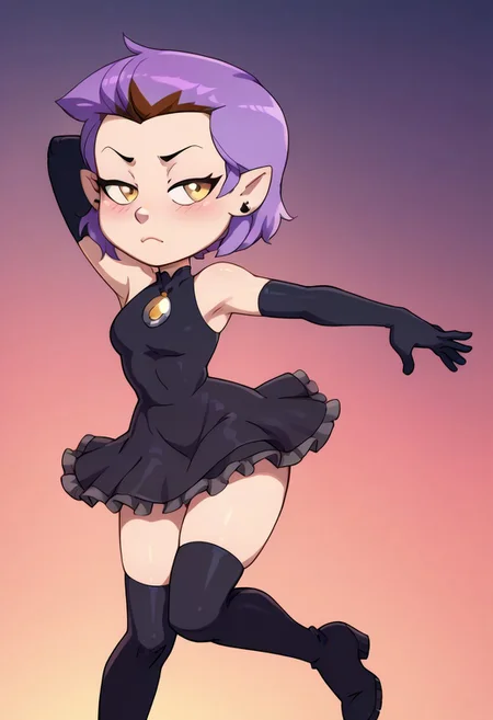 score_9, score_8_up, score_7_up, score_6_up, score_5_up, score_4_up, amity blight, short hair, tow toned hair, purple hair, brown hair, yellow eyes, pointed ears, wide hips, goth dress, ruffled skirt, black dress, latex, sleeveless, arm length gloves, black gloves, thighhigh boots, mouth closed, looking at viewer, half-closed eyes, blush