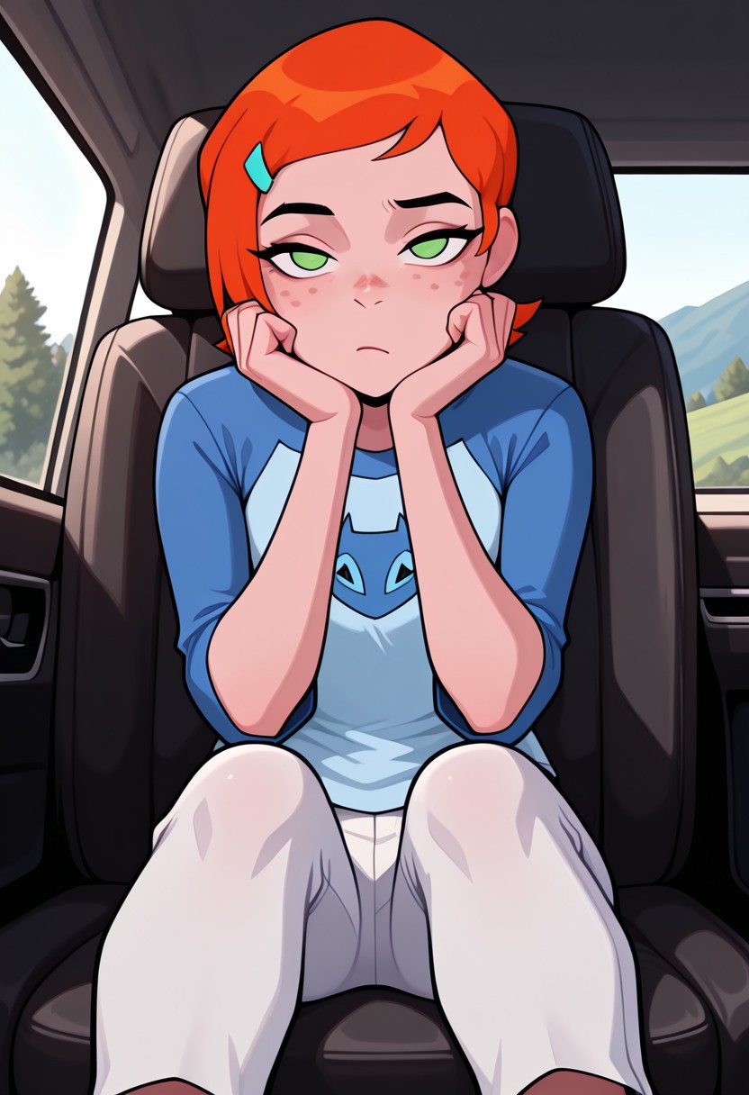 ((screencap, cartoon)) , masterpiece, best quality, amazing quality, very aesthetic, absurdres, newest,
gwenov, orange hair, 1girl,  freckles, shorthair, green eyes, solo, 
raglan sleeves, hairclip,  white pants, blue shirt, 
sitting, window pov, bored, hands on cheeks, car seat, passenger,