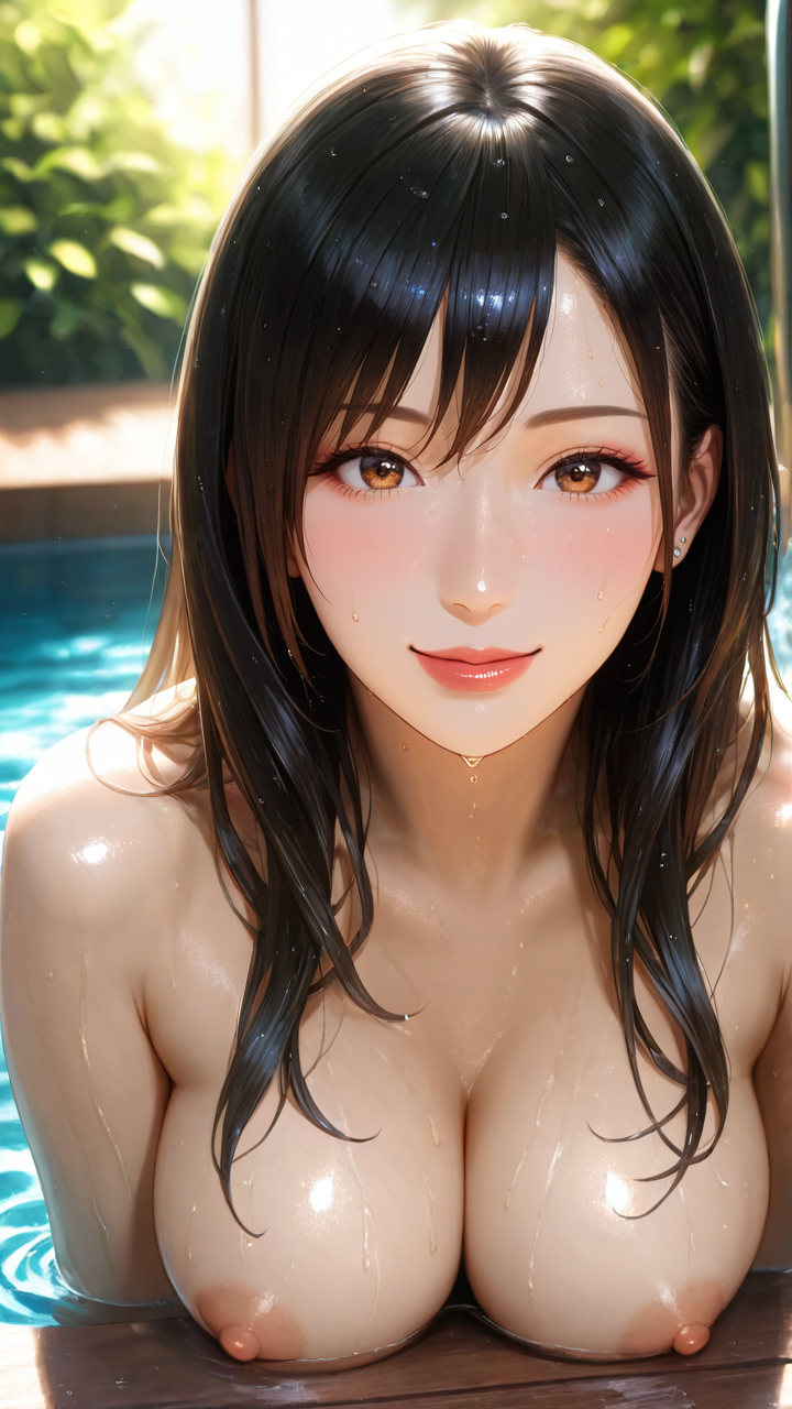 1girl,lips,nose,happy,looking at viewer,realistic,masterpiece,best quality,,kurokamin,naked,kurono mika,wet,nipples