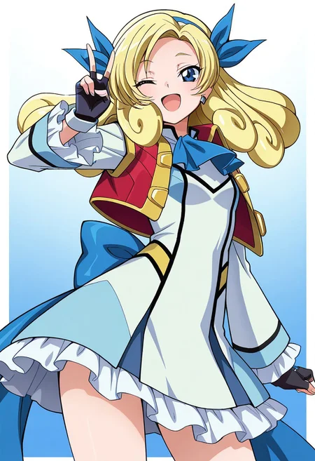 best quality, high quality, masterpiece, newest, anime, 1girl, solo, AllouPom, blonde hair, blue eyes, blue hairband, blue hair ribbons, blue ascot, long hair, forehead, raised bangs, curly hair, red cropped jacket with gold trim, white and blue dress with yellow highlights, frilled sleeves, frilled dress, layered dress, blue back bow, bare legs, fingerless gloves, smiling, standing, contrapposto, winking, open mouth, v, fluttering dress, official art