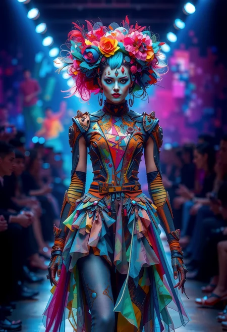 A vibrant runway showcases avantgardepunk fashion, where models strut with bold, colorful hairstyles and makeup, their faces adorned with intricate mechanical_arms and cybernetic implants. The clothing, a fusion of punk and futuristic styles, features distorted proportions and abstract shapes, leaving the audience captivated by the unique blend of art and technology. <lora:art and styles/MysticFantasy.safetensors:1.0>, <lora:wlop:0.8>,wlop, <lora:flux_trainer/fluxPunk_v11>
