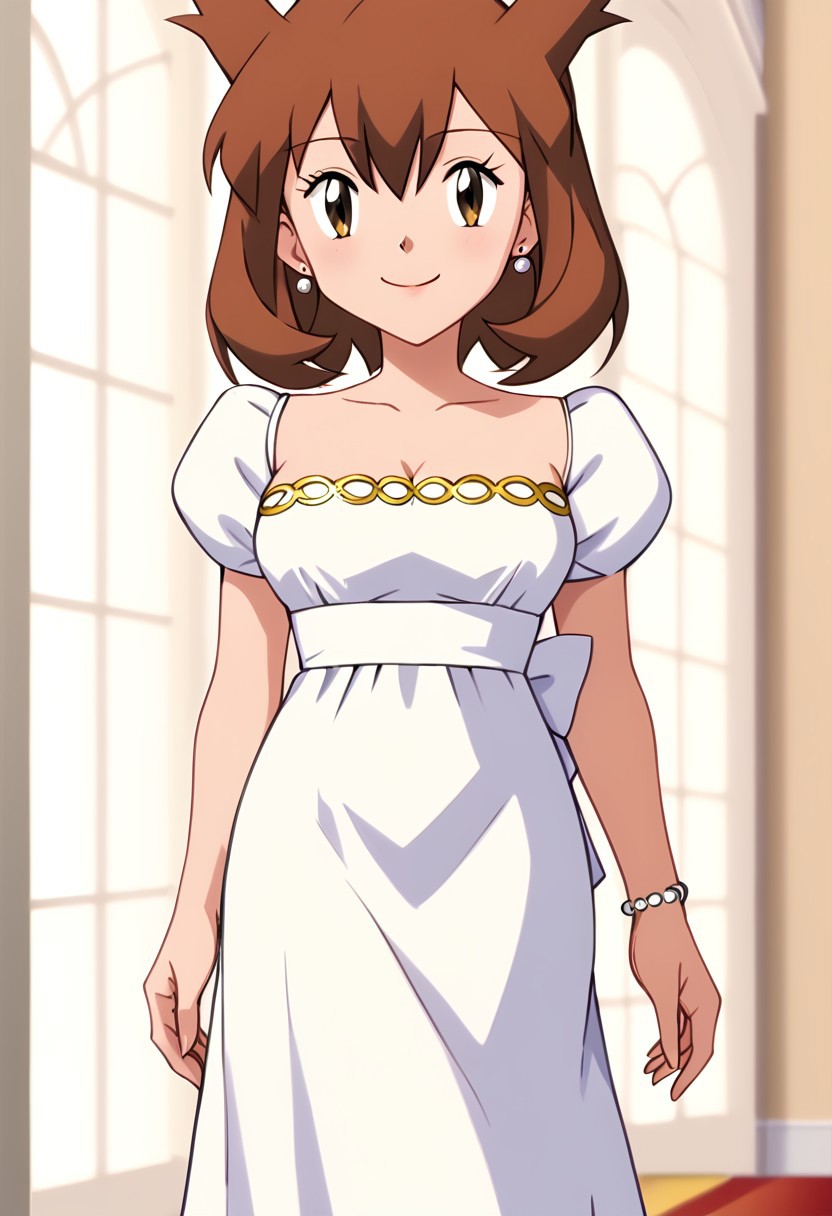 Bianca, brown hair, brown eyes, medium hair, hair between eyes BREAK earrings, white gown, puffy sleeves, strapless dress, short sleeves, hairclip, bracelet,  1girl, solo, walking through the mansion hallway background, smile, closed mouth, looking at viewers, cowboy shot, indoors, anime screencap